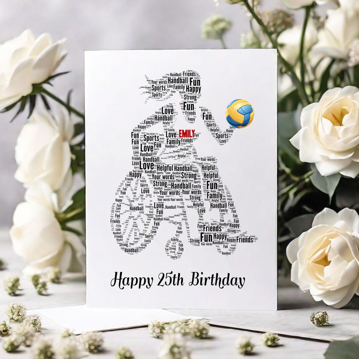 Personalized Happy Birthday gift Card, Paralympics Handball Female Figure Word art Birthday gift A5 card, custom Word cloud Card Print
