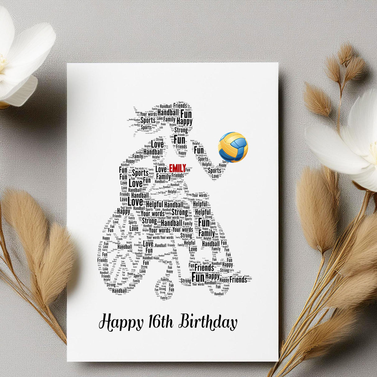 Personalized Happy Birthday gift Card, Paralympics Handball Female Figure Word art Birthday gift A5 card, custom Word cloud Card Print