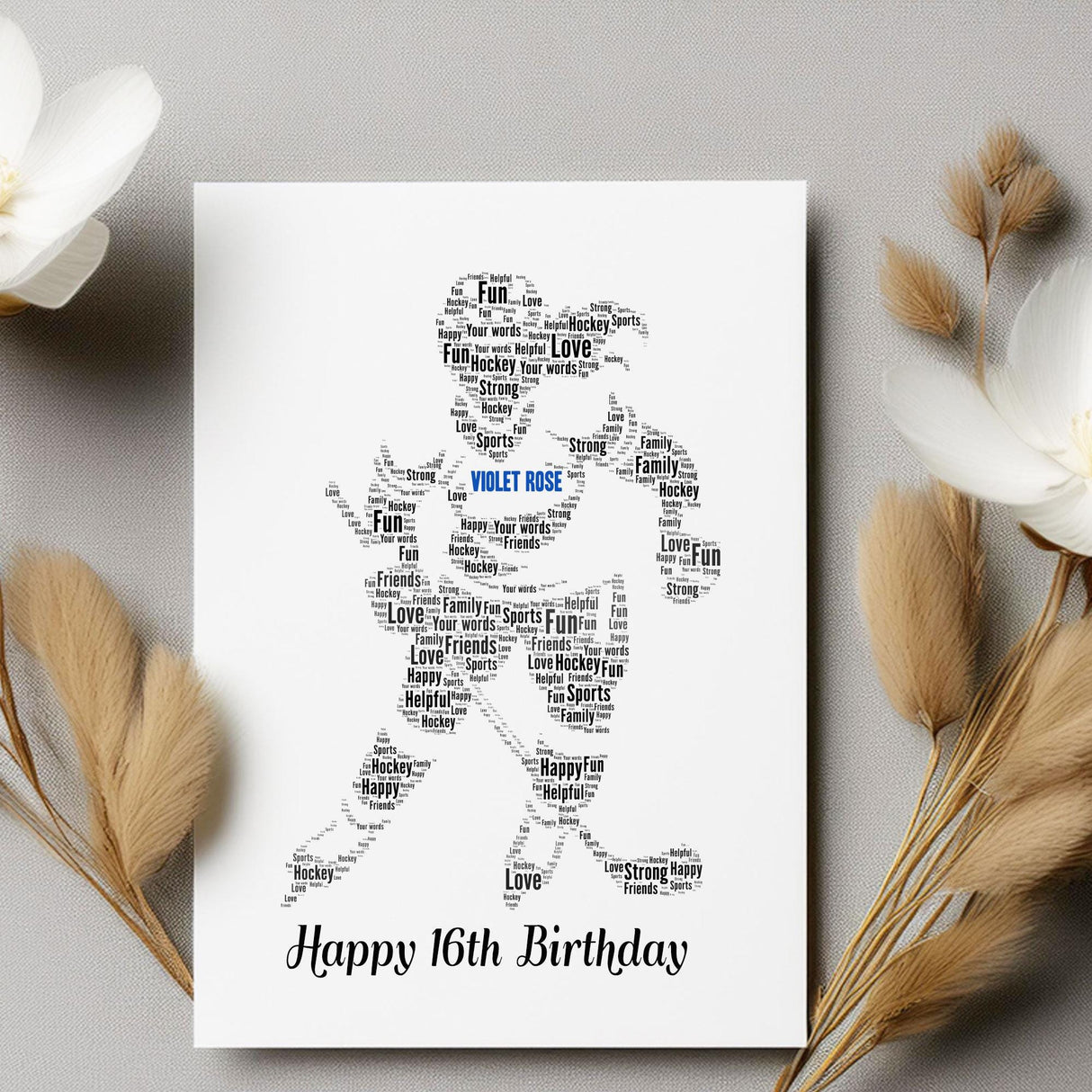 Personalized Happy Birthday Card, Ice Hockey Figure Word art Birthday gift A5 card, custom Word cloud Card Print white envelopes