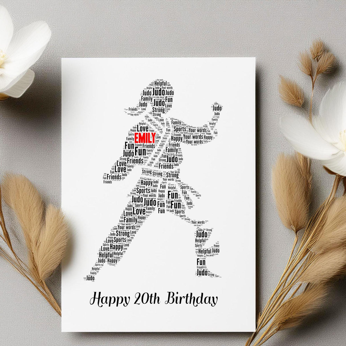 Custom Happy Birthday Number card Karate, Kung Fu female Figure Word art Birthday gift A5 card, Word Art Custom Card Print