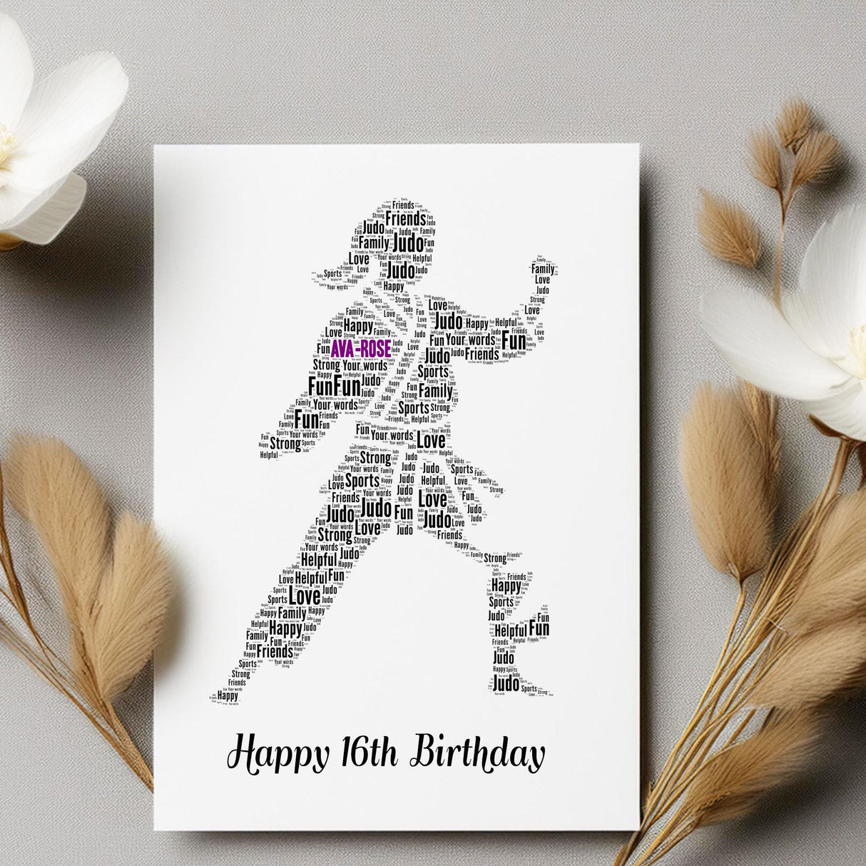 Custom Happy Birthday Number card Karate, Kung Fu female Figure Word art Birthday gift A5 card, Word Art Custom Card Print