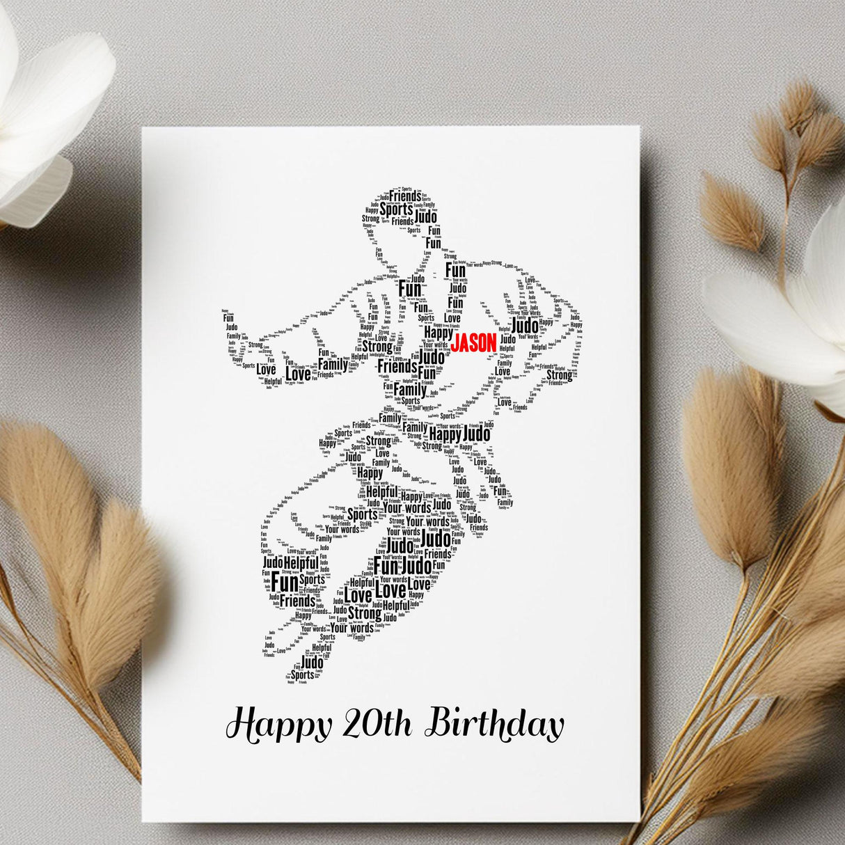 Personalised Happy Birthday number Judo, Karate, Kung Fu male Figure Word art gift A5 card, custom word cloud Card Print with envelopes