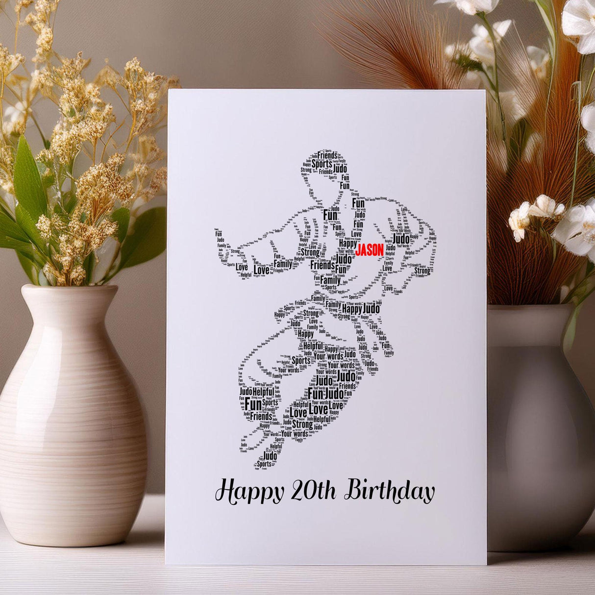 Personalised Happy Birthday number Judo, Karate, Kung Fu male Figure Word art gift A5 card, custom word cloud Card Print with envelopes
