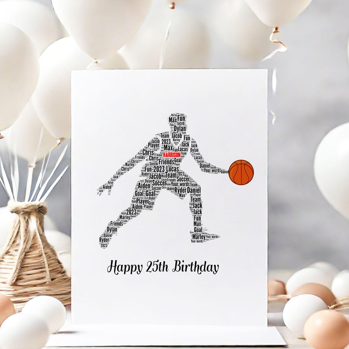 Basket ball word art Card, birthday number Cards, Basket ball wall art, For Her, Girls, Kids - Daughter, Mother, A5 size birthday cards