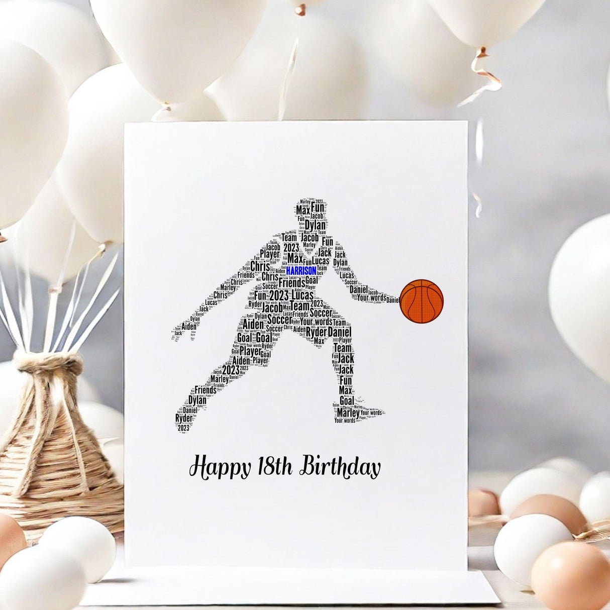 Basket ball word art Card, birthday number Cards, Basket ball wall art, For Her, Girls, Kids - Daughter, Mother, A5 size birthday cards