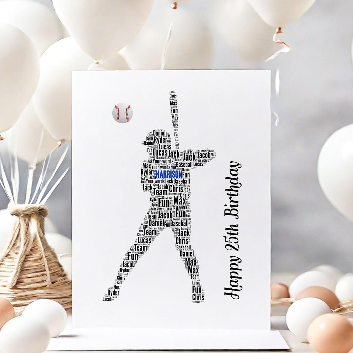 Baseball word art birthday Card, number Cards, Baseball player wall art, For Her, Girls, Kids - Daughter, Mother, A5 size birthday cards