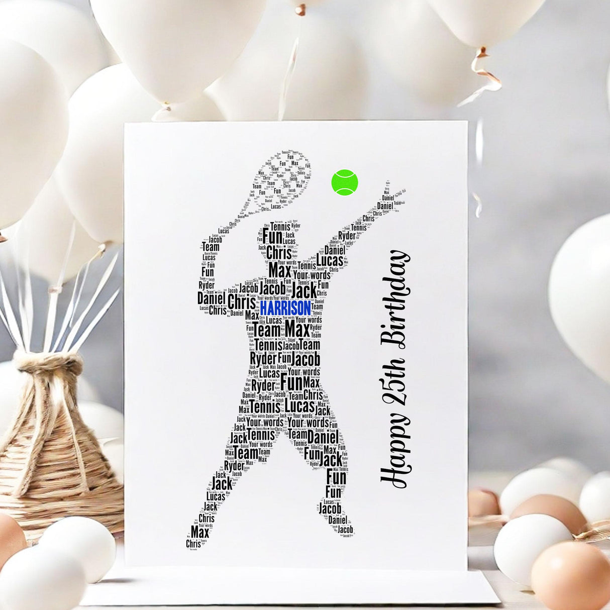 Personalised Tennis word art birthday Card, number Cards, Baseball player wall art, For Her, Girls, Kids Daughter, Mother, A5 size