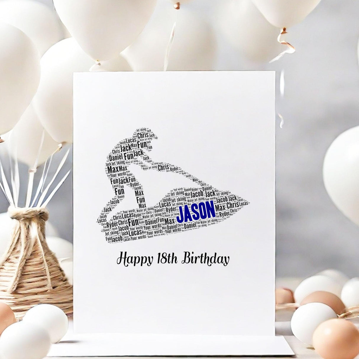 Personalised Water jet skiing Birthday Card, word art Cards, For Her, Him, Boys, Girls, Kids - Daughter, Son, Father, A5 greeting cards