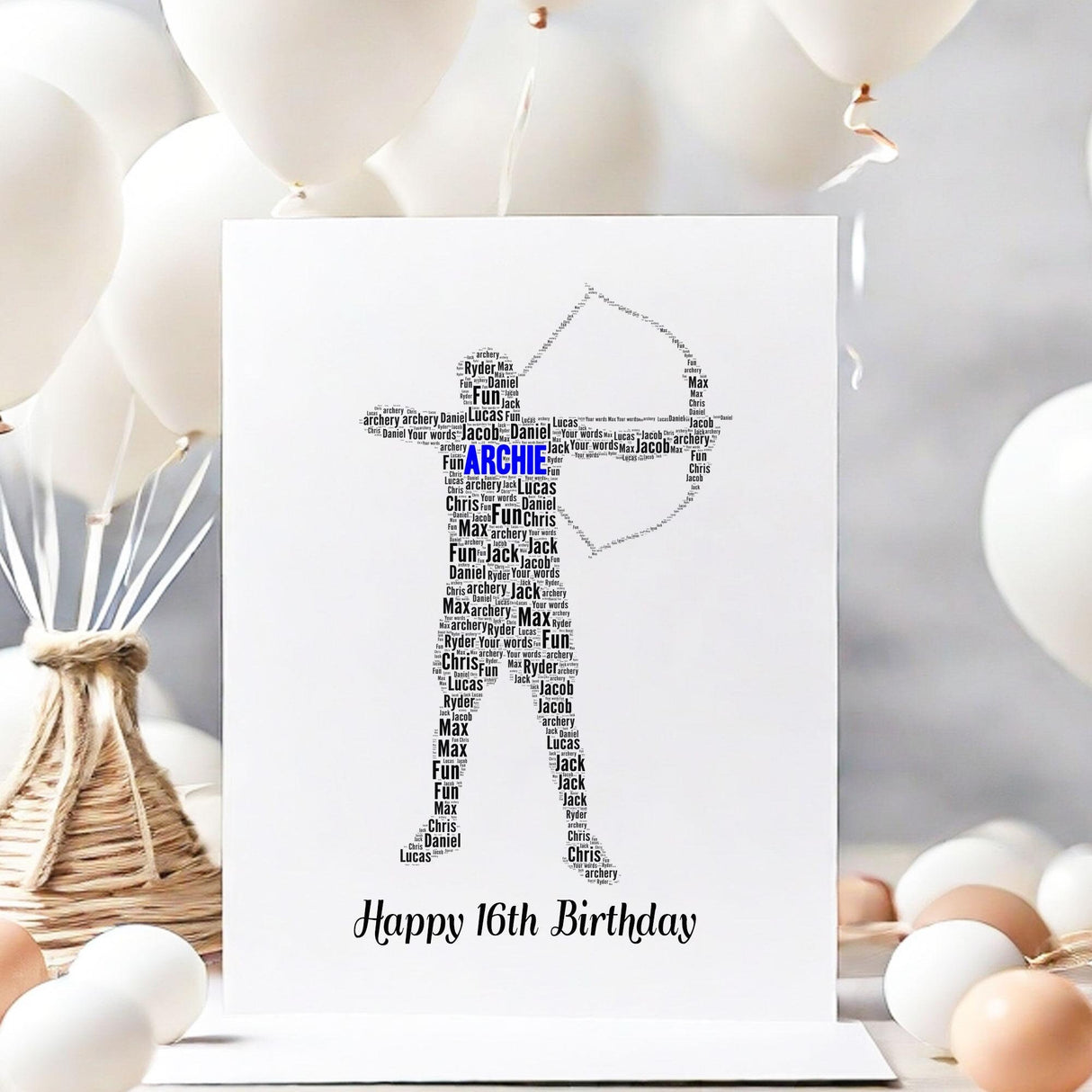 Personalized Archery Birthday card, male Archery figure Word Art Print, framed, unframed, Print, For him, husband, boys, A5 greeting cards