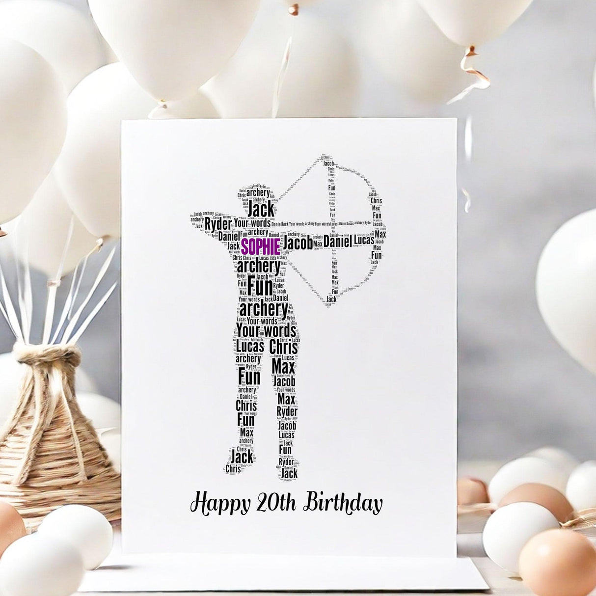 Personalized Archery Birthday card, female Archery figure Word Art Print, framed, unframed, Print, For her, wife, daughter A5 greeting cards