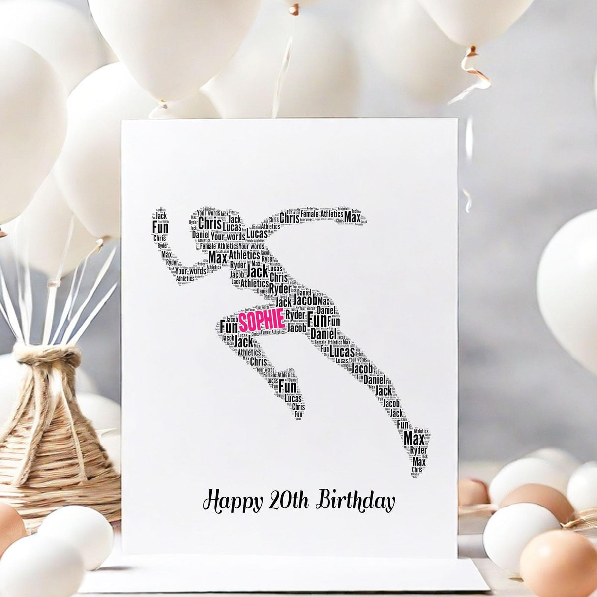 Personalized Girl's Sprinter Birthday card, female Running Track Word Art Print, For her, wife, daughter A5 greeting cards