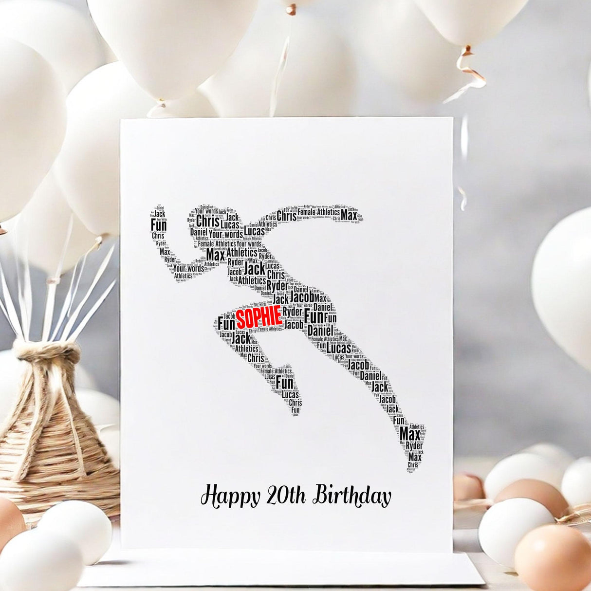 Personalized Girl's Sprinter Birthday card, female Running Track Word Art Print, For her, wife, daughter A5 greeting cards