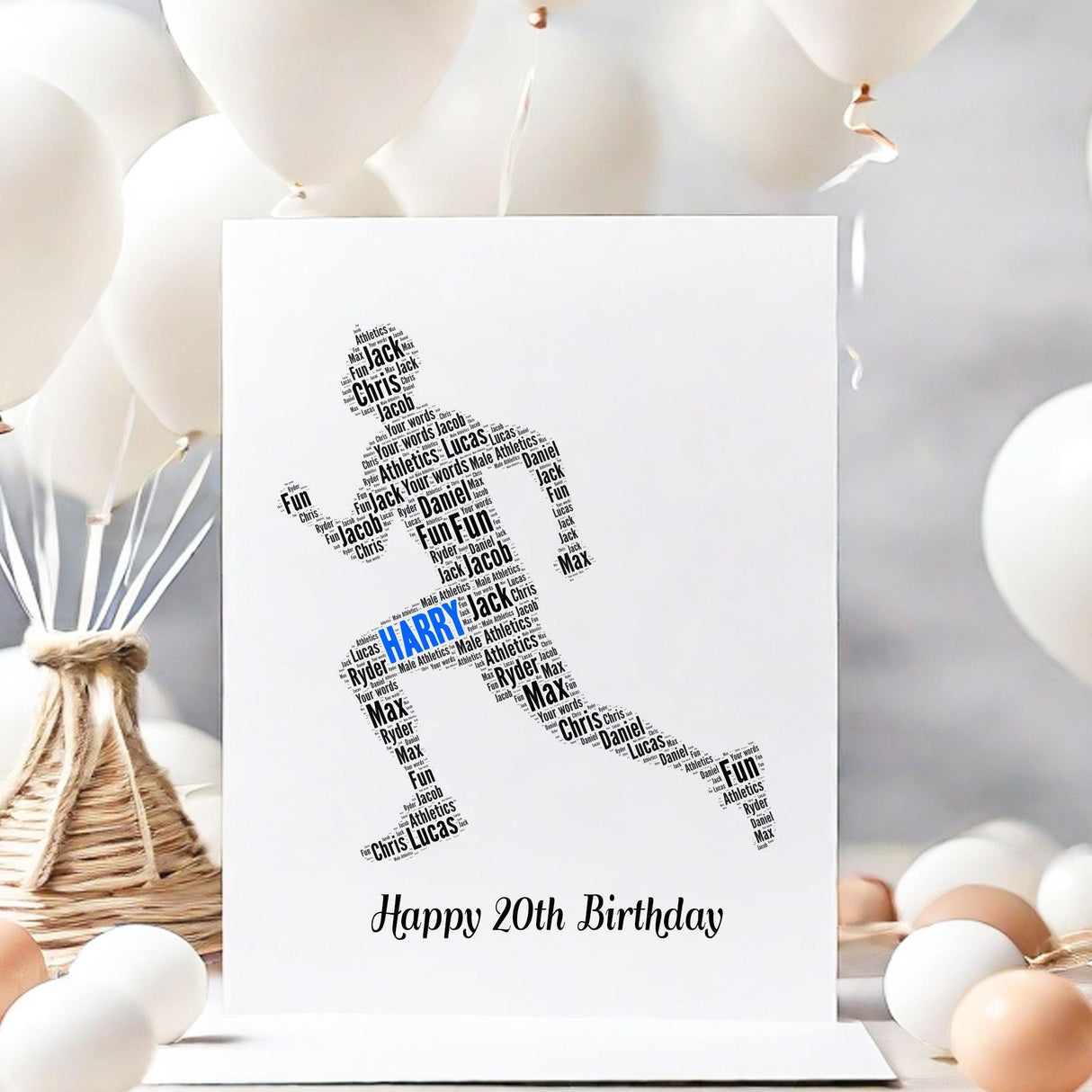 Personalized Man Sprinter Birthday card, Male Running Track Word Art Print, For him, Dad, Husband, Grandson A5 greeting cards