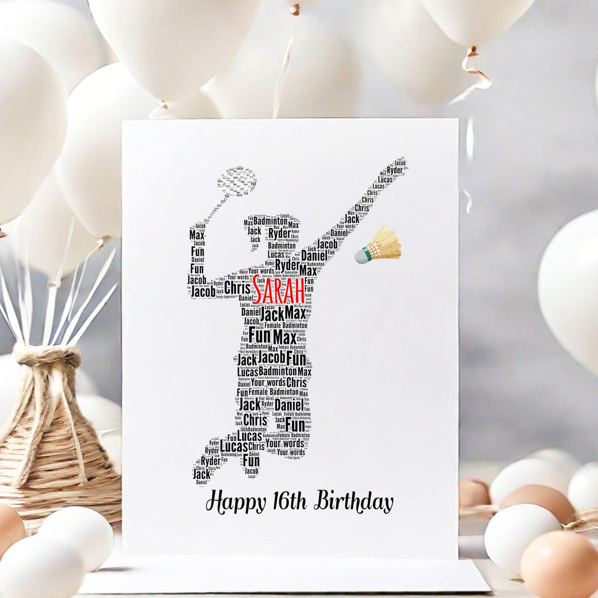 Personalized Girl's Badminton Birthday card, Female Badminton Player Word Art Print, For her, wife, daughter A5 greeting cards