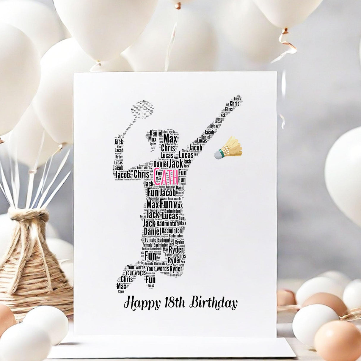 Personalized Girl's Badminton Birthday card, Female Badminton Player Word Art Print, For her, wife, daughter A5 greeting cards
