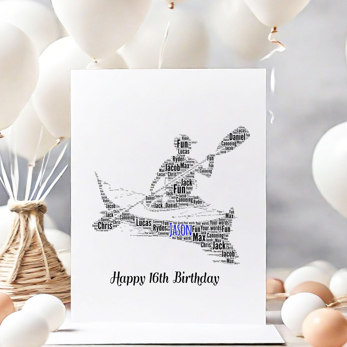Personalized Kayak Birthday card, Water Canoeing Word Art Print greeting cards, For Family, Friend special day A5 size white Envelope