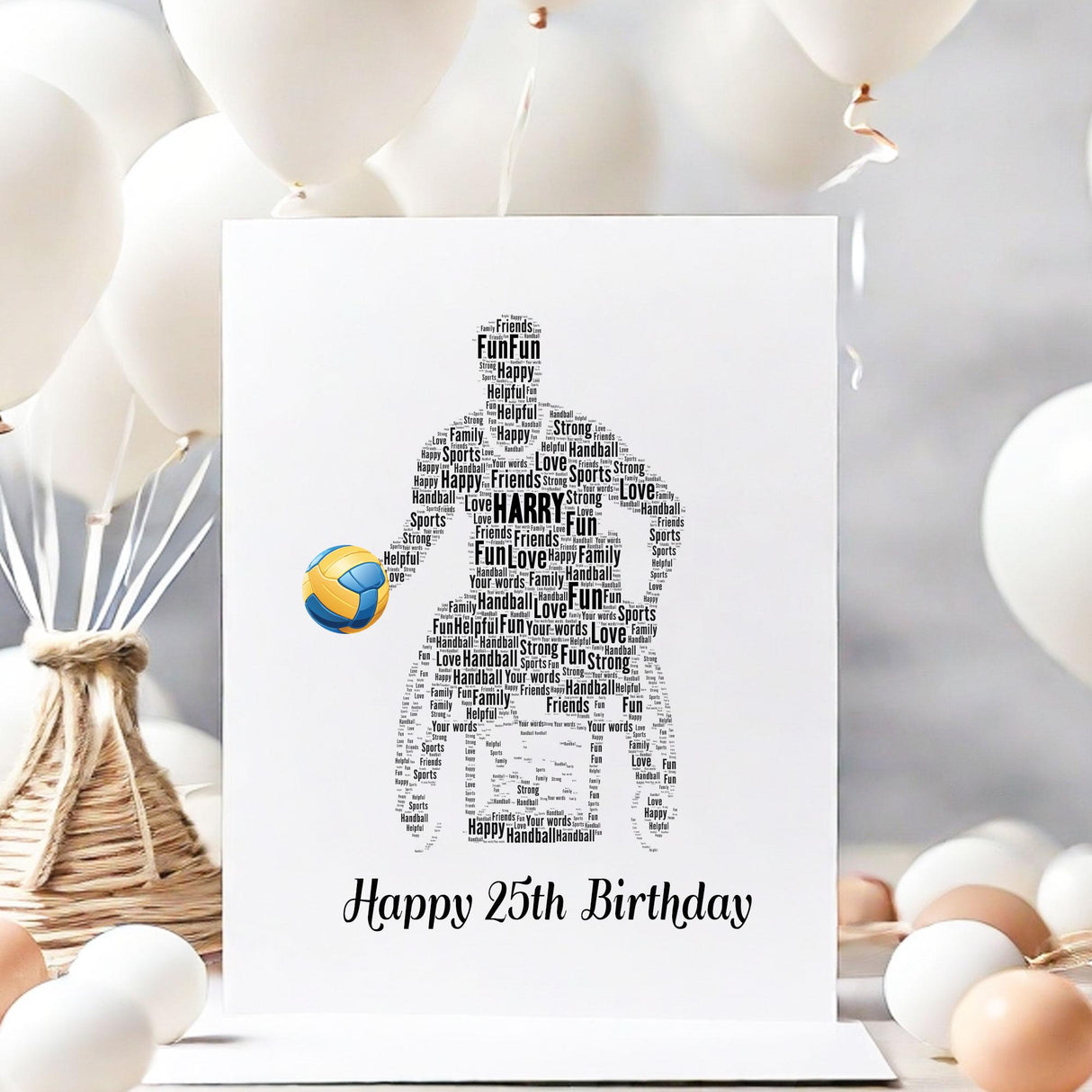 Personalized Happy Birthday Number Card, Paralympics Handball Male Figure Word art Birthday gift A5 card, Word Art Custom Card Print