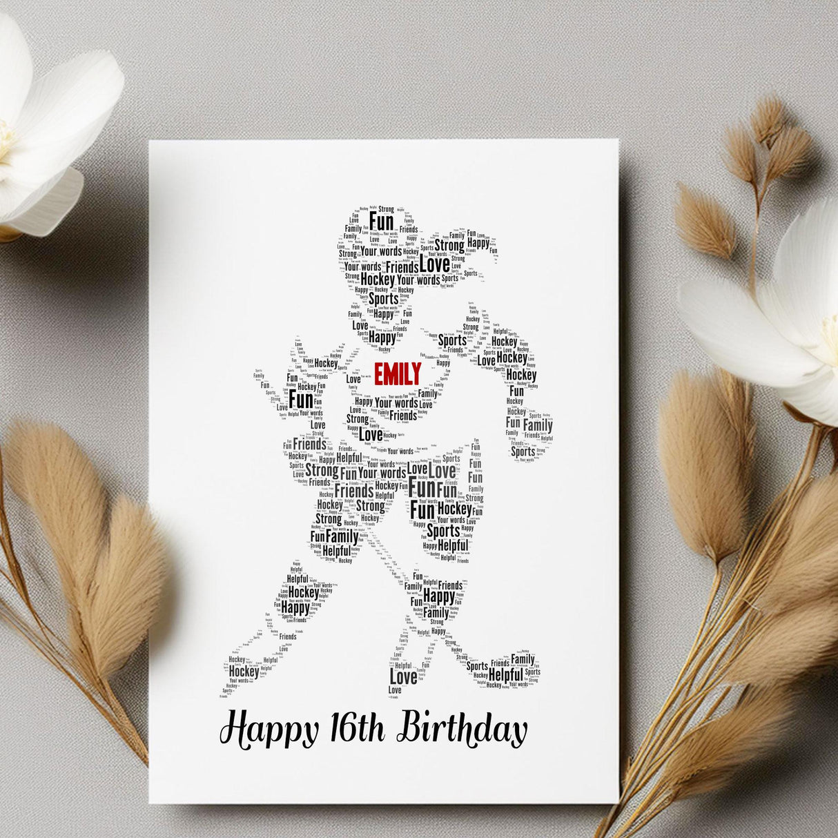Personalized Happy Birthday Card, Ice Hockey Figure Word art Birthday gift A5 card, custom Word cloud Card Print white envelopes