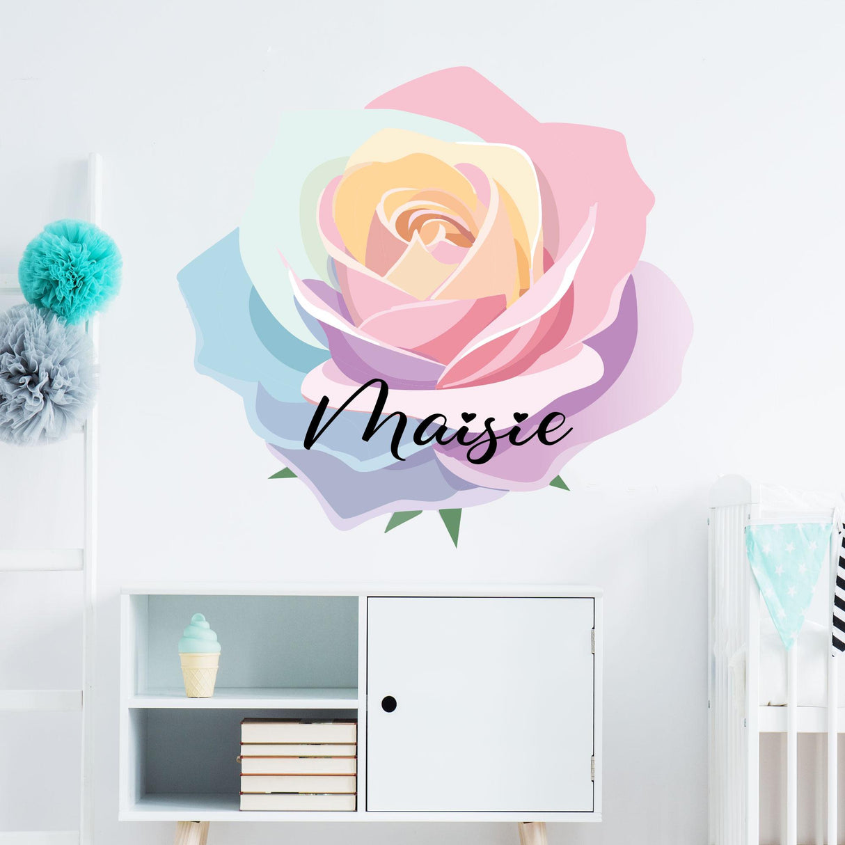 Rose Flower Wall Stickers Custom Vinyl Decals for Nursery, Bedroom, Living Room and Home Decor, watercolour flower rainbow wall décor
