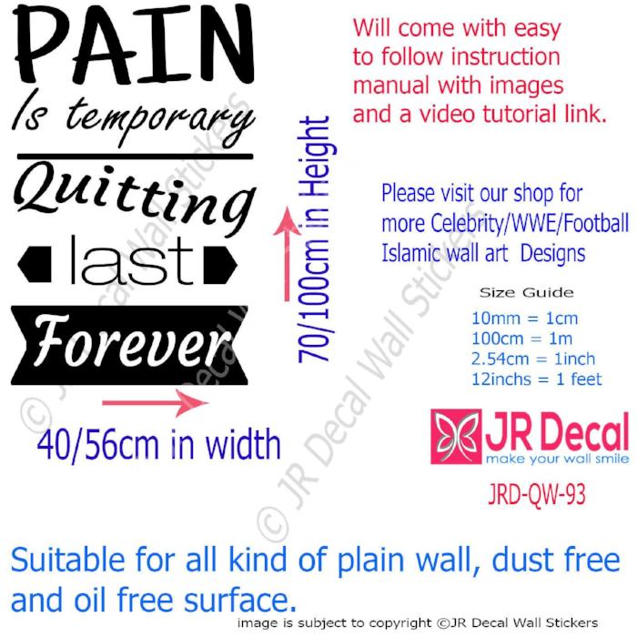 "Pain is Temporary"- Motivational stickers for walls Removable vinyl wall art decals