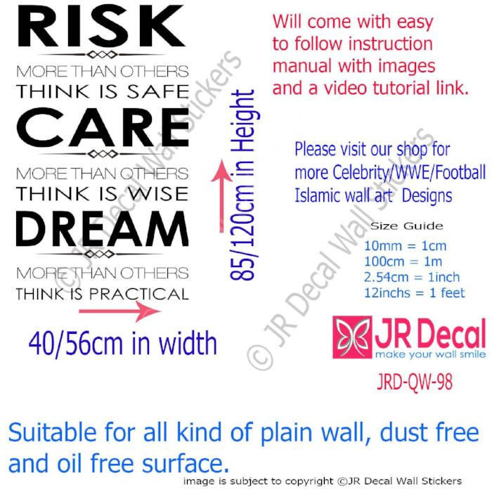 "RISK, CARE, DREAM"- Inspirational quotes stickers for walls Vinyl wall decals