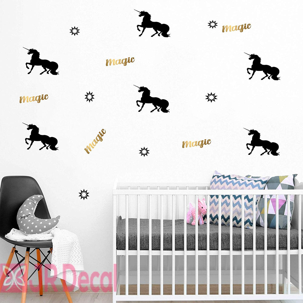 Set of Magic Unicorn Wall Art for Girls Bedroom black