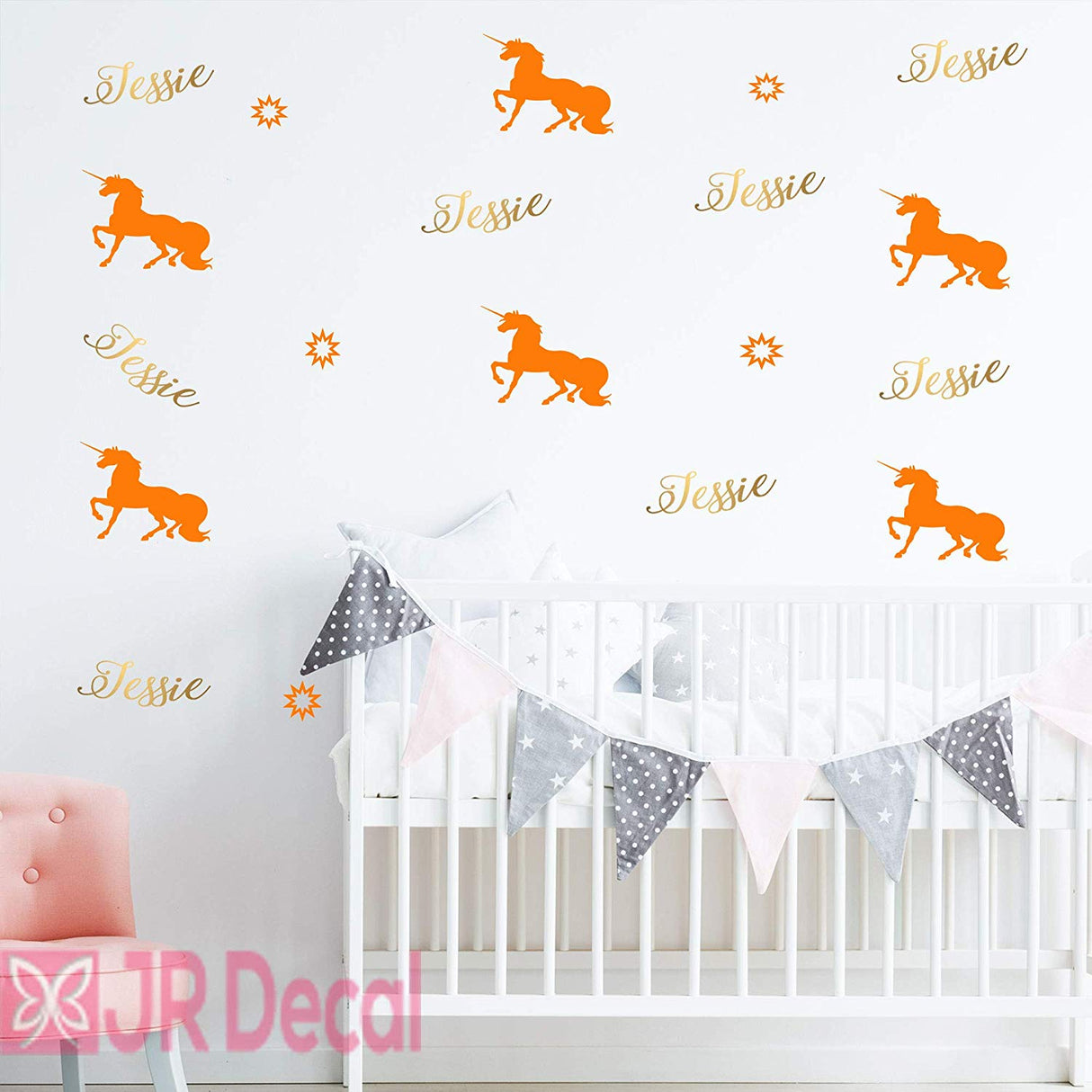 Personalised Girls Name Wall Sticker with Magic Unicorn and Stars orange
