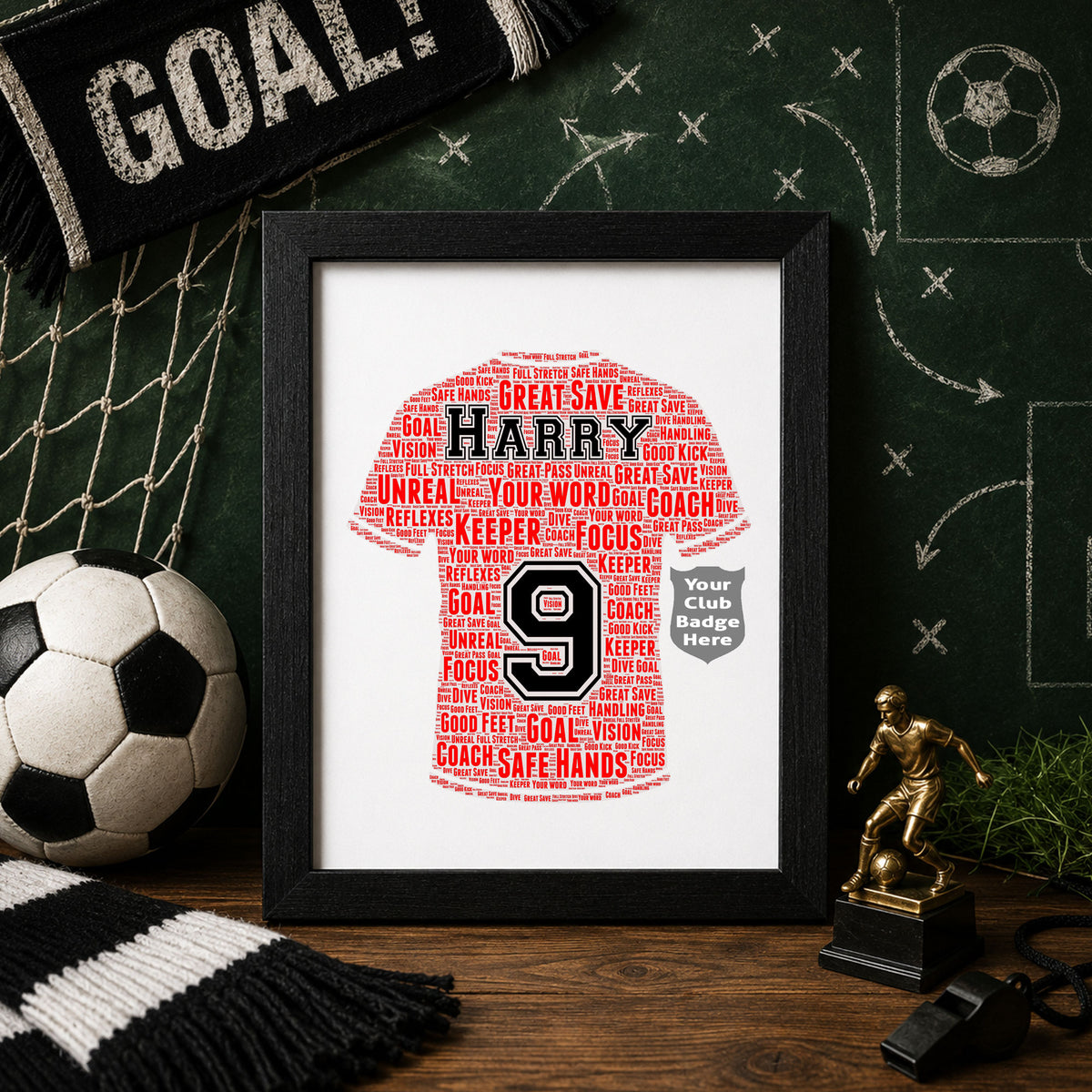 Personalised Football Shirt Word Art Frame - Custom Name Gift for Players