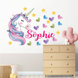 Persinalised Unicorn Wall decals Multicolour Hearts Stars