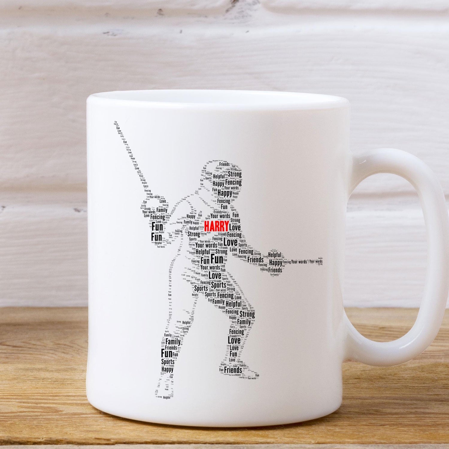 Personalised Fencing Word Art Print Mug, Custom Female Fencing Birthday gift, Fencing Player Action FigurePrinted Christmas Mug