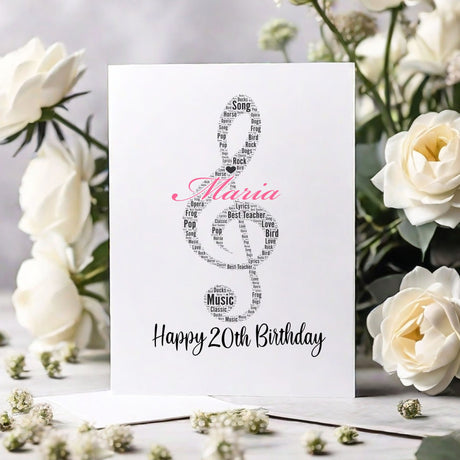 Personalized Happy Birthday Number card, Custom Music Note Birthday Card with Treble Clef and Number Word Art