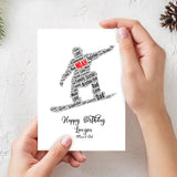 Personalized Happy Birthday Number Card, Snowboarding Figure Word Cloud Birthday gift A5 card, Word Art Personalised Card Print