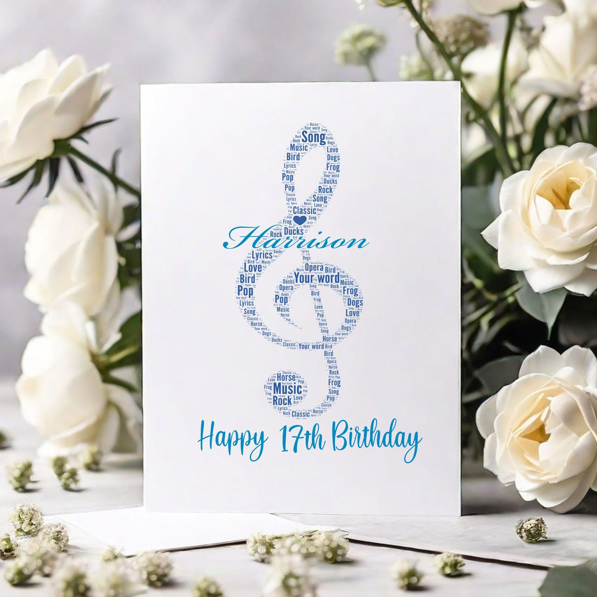 Personalized Happy Birthday Number card, Custom Music Note Birthday Card with Treble Clef and Number Word Art