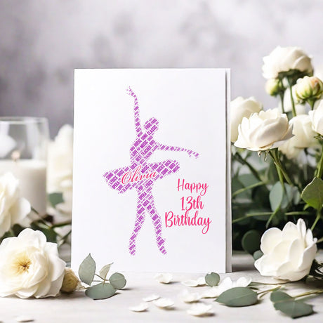 Personalized Happy Birthday Number Card, Female Ballet Dancing Figure Word Cloud Birthday gift A5 card, Word Art Personalised Card Print