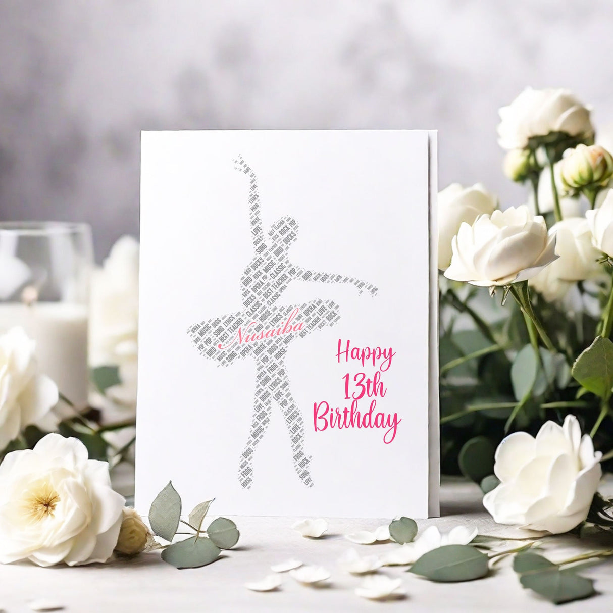 Personalized Happy Birthday Number Card, Female Ballet Dancing Figure Word Cloud Birthday gift A5 card, Word Art Personalised Card Print