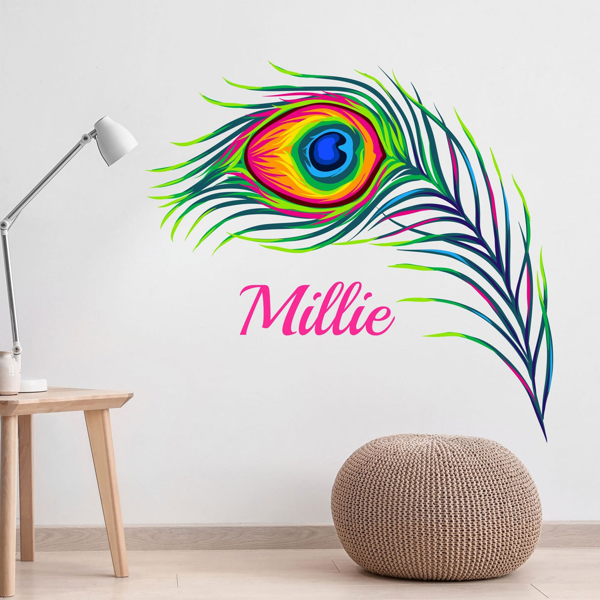 Peacock Feather wall sticker vinyl Personalised Name wall art decals Bedroom Home Decor