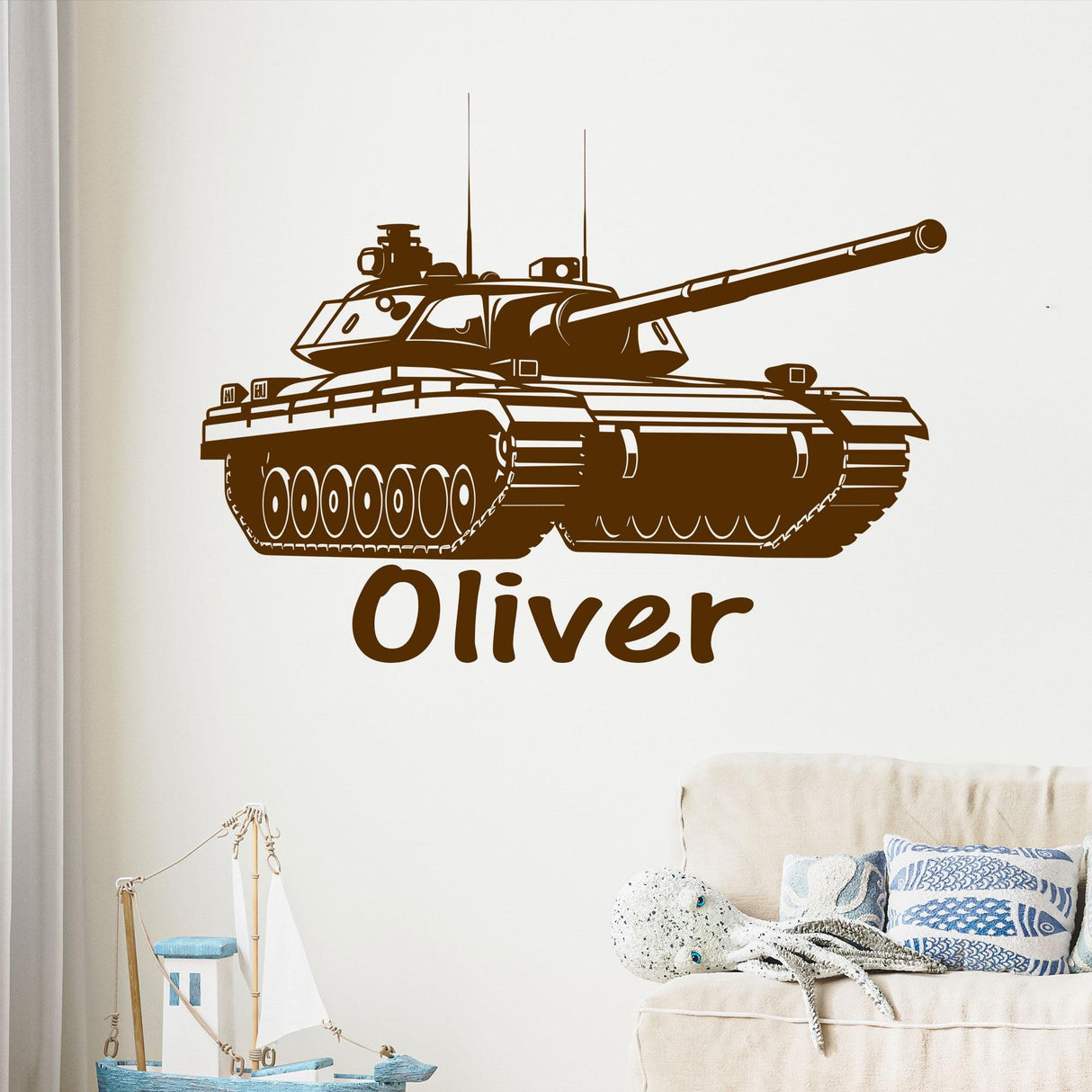 Army Tank Wall Stickers Personalised Name, Custom Name Tank Vinyl Wall Decals, Kids Bedroom Baby Nursery Playroom Home Decor