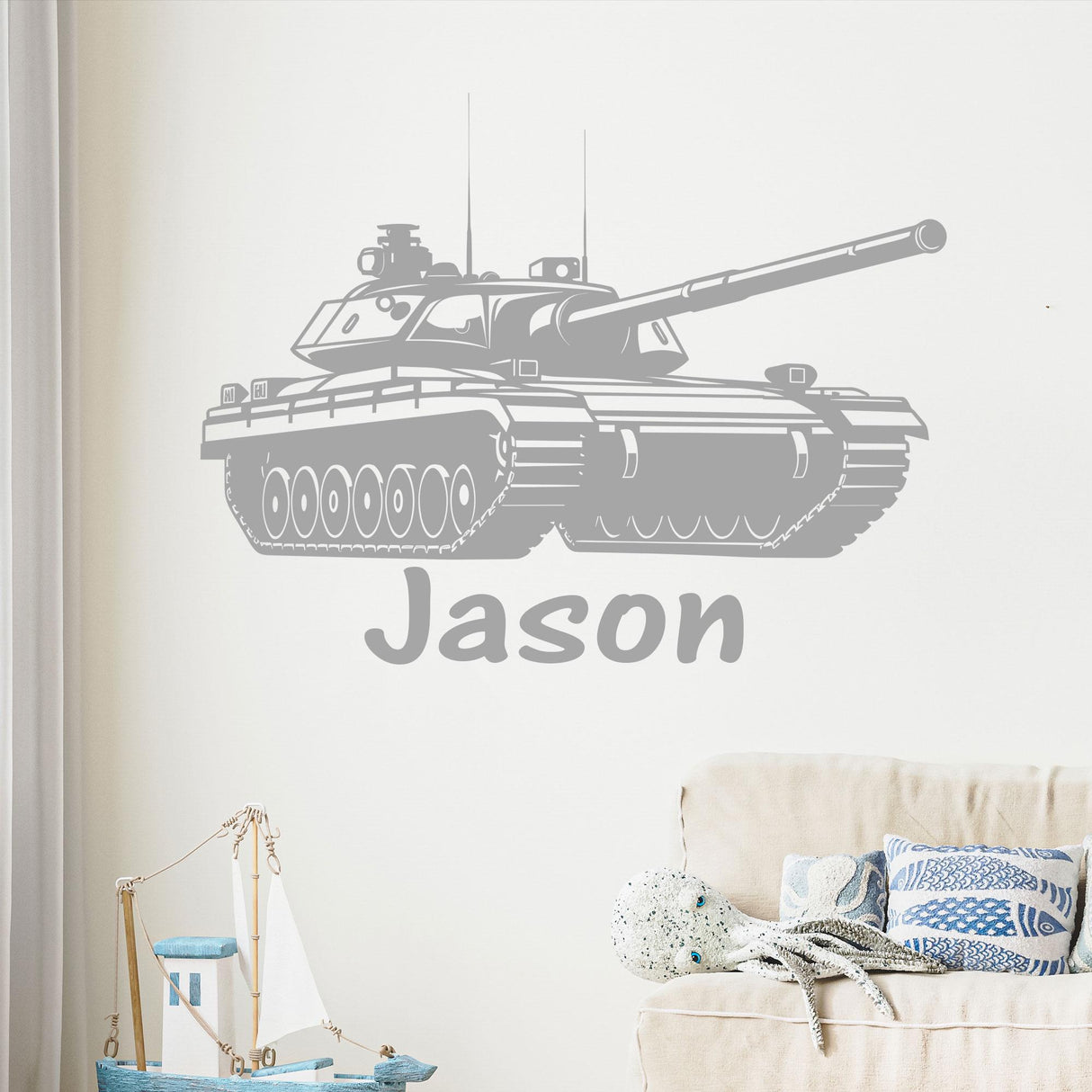 Army Tank Wall Stickers Personalised Name, Custom Name Tank Vinyl Wall Decals, Kids Bedroom Baby Nursery Playroom Home Decor