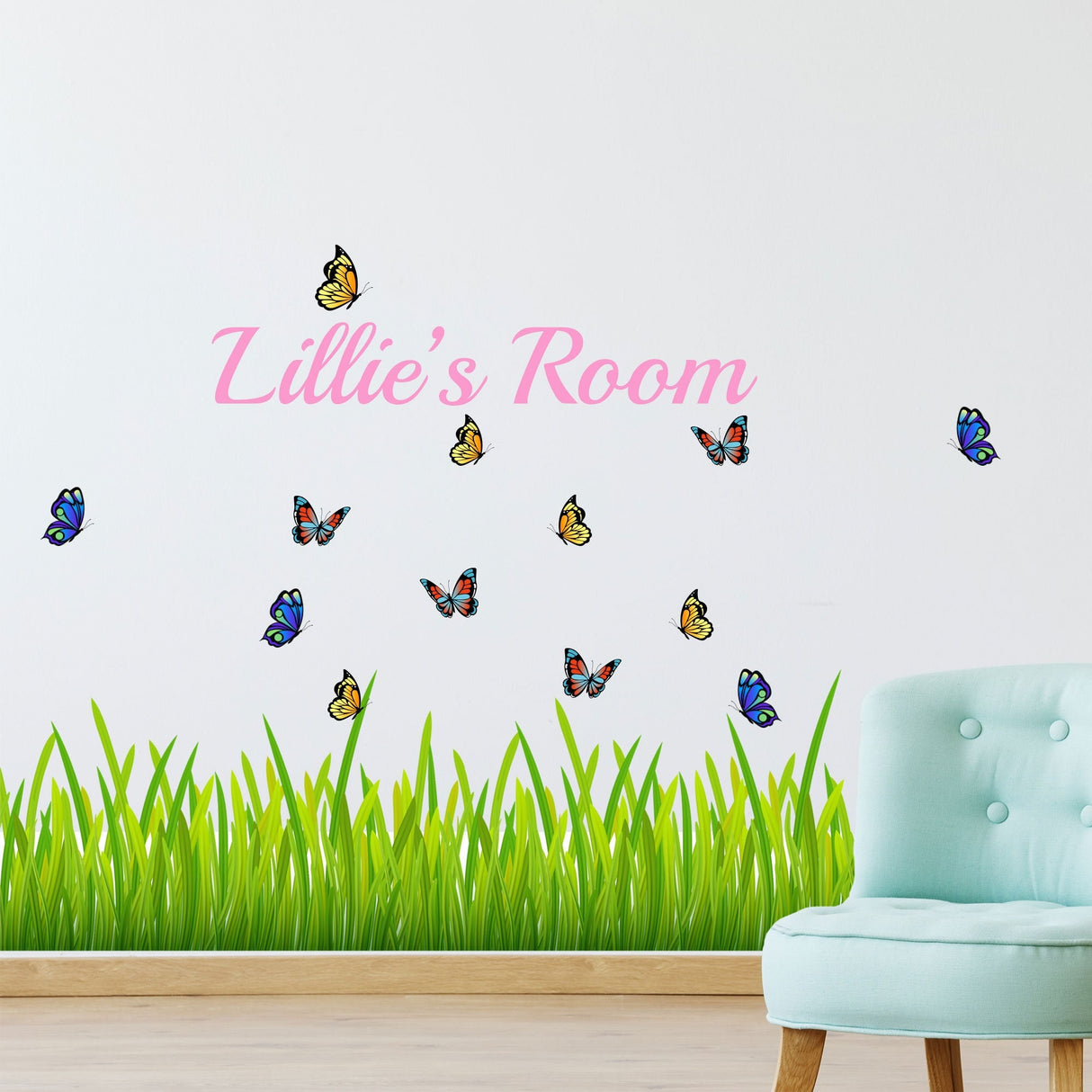 Custom Green Grass Wall Decals with Personalized Name and Butterflies for Bedroom Home Decor