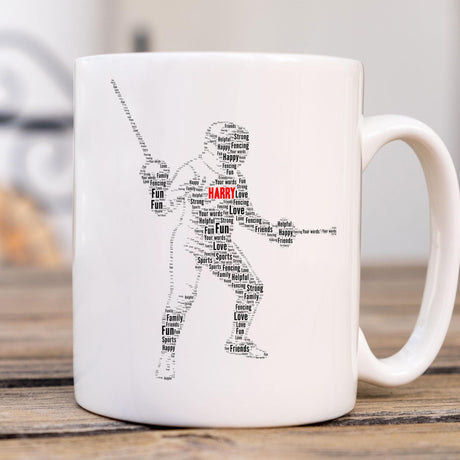 Personalized Fencing Word Art Print Mug, Custom Female Fencing Birthday gift, Fencing Player Action FigurePrinted Christmas Mug