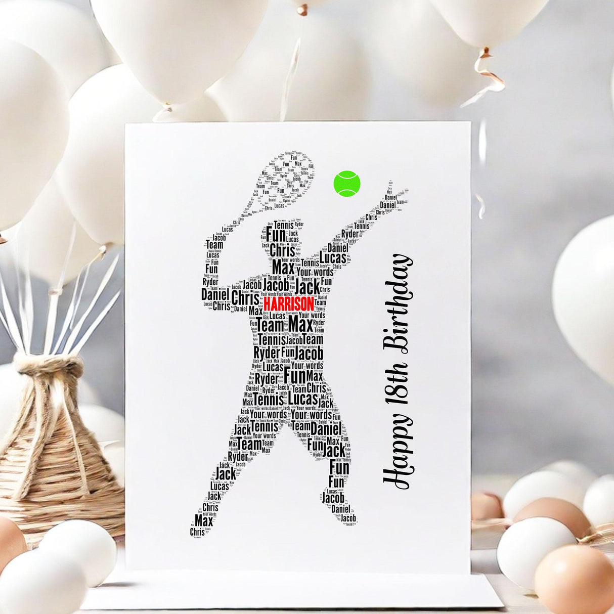 Personalised Tennis word art birthday Card, number Cards, Baseball player wall art, For Her, Girls, Kids Daughter, Mother, A5 size