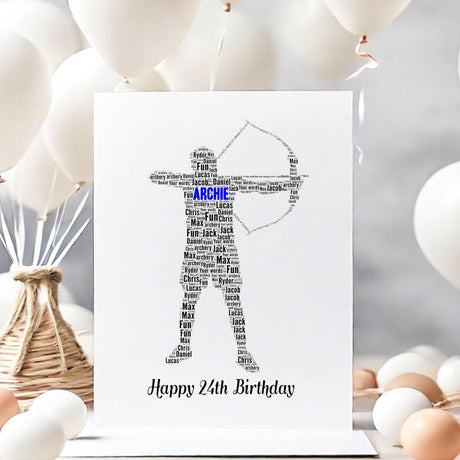 Personalized Archery Birthday card, male Archery figure Word Art Print, framed, unframed, Print, For him, husband, boys, A5 greeting cards