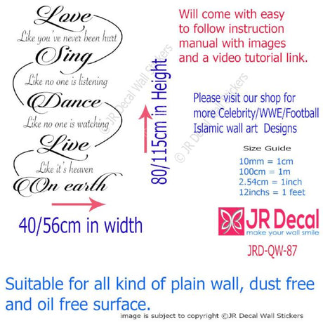 "Love Sing Dance Live On Earth"- Inspirational quotes wall stickers Removable vinyl decals