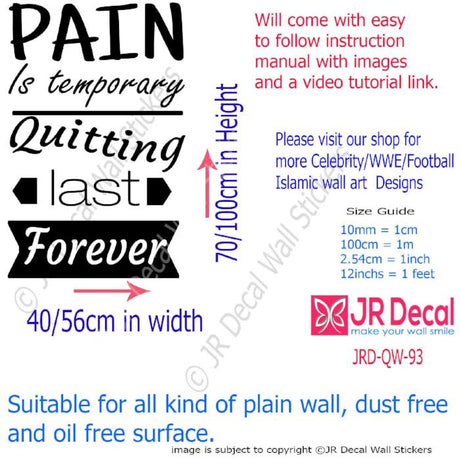 "Pain is Temporary"- Motivational stickers for walls Removable vinyl wall art decals