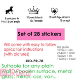 28 Unicorn Stickers set with Princess Crown | Girls Bedroom Wall Art